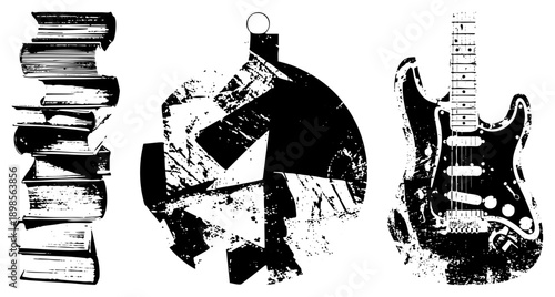 Black & white vector stacked books, musical symbol, electric guitar. Grunge texture,. For music education or creative design.