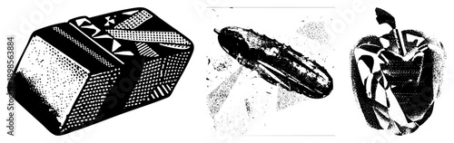 Decorative gift box with geometric, halftone shading, ribbon bow, festive packaging, vector illustration, isolated foreground.