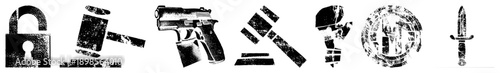 Distressed black representing lock, gavel, handgun, scales, question mark, prison, dagger all with gritty texture, isolated vector symbols for legal, safety, or thematic design.