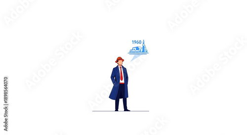 Vintage Man Recalling 1960s History: Observer in Trench Coat with Thought Bubble of Retro Building Landmark