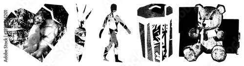 Black and white halftone vector heart, carrot, walking person, trash can, teddy bear. Graphic design elements with stippling texture, isolated foregrounds, stylized shapes.