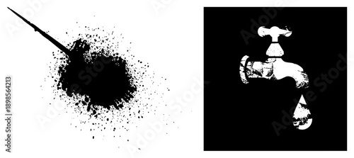 Black ink splatter graphic with dynamic droplets, water faucet with drip, vector art, isolated symbols, halftone texture, graphic design elements.