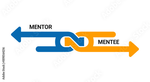 Mentor and Mentee Relationship Icon: Blue and Orange Interlocking Arrows Symbolizing Partnership, Coaching, and Knowledge Transfer