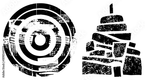 Stylized circular and stacked forms with distressed texture, graphic design elements, vector art,, modern abstract motifs.