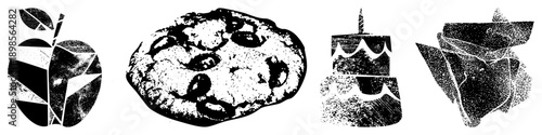 Black and white halftone vector illustrations of food items stylized, textured cookie, tiered cake, abstract rose. Flat design with grainy texture, isolated elements for graphic use.