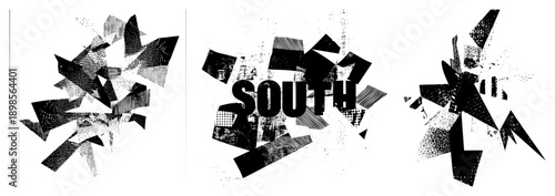 Stylized word "SOUTH" embedded in abstract with halftone textures, graphic design element, typographic explosion, vector art, urban stencil aesthetic.