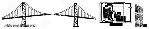 Stylized cityscape with suspension bridge and skyscraper, urban, architectural sketch, black and white vector, minimalist city design.