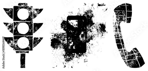 Retro traffic, smartphone with glitch effect, classic telephone receiver, all in distressed black and white vector art, urban communication.