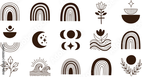 Collection of minimalist bohemian design elements and abstract shapes