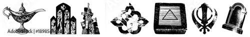 lamp, Gothic glass,, Celtic knots, holy book, Khanda, tombstone. Vector for mystical, spiritual, architectural themes.