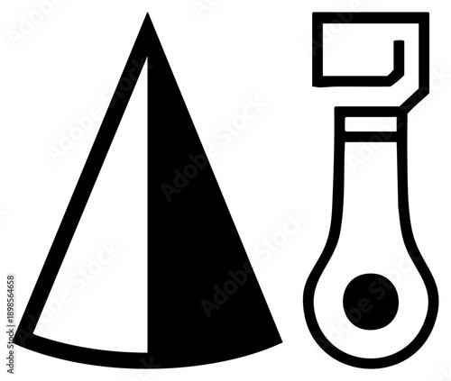 Party hat and bottle opener symbol in minimalist black, festive graphic, isolated vector elements, flat design, event or celebration theme.