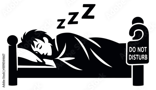 Stylized illustration of a person sleeping in bed depicting deep sleep with a do not disturb sign for rest and privacy concepts