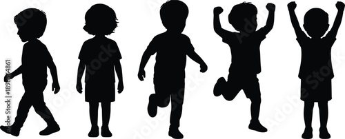 Toddler silhouette set showing cute children walking, running and jumping poses in black kid illustration collection