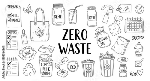 Collection of hand-drawn illustrations representing zero waste lifestyle and sustainable living concepts