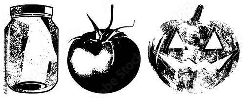Grungy halftone illustrations of jack o lantern, tomato, and glass jar, classic Halloween, rustic food item, vintage print aesthetic.