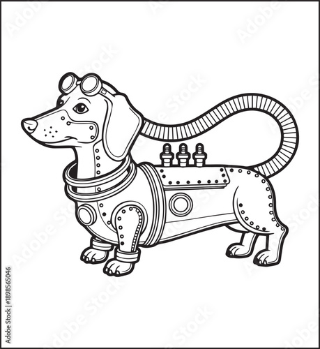 Steampunk style animal dog with gear and clockwork doodle element detailed black line art vector coloring page design for kids and adults