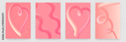 Modern pink Valentine s Day posters set with abstract 3D fluid hearts and curvy lines, romantic vertical backgrounds for greeting cards. Trendy vertical layouts for social media , creative banners