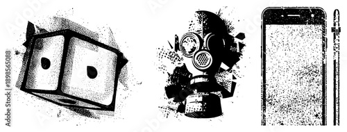 Retro dice, gas mask, smartphone, halftone style, vector graphic, isolated objects, gritty texture, design.