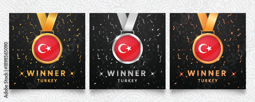 Premium Turkey winner set featuring gold, silver and bronze medals with the national flag design, displayed on a dark background with festive confetti and sparkling highlights