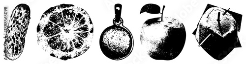 Stylized halftone illustrations of cucumber, citrus slice, pendant,, and melon with toothpicks,, graphic design elements.