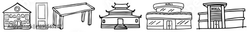 Hand drawn illustrations of diverse structures including house, door, table,, mall, and modern storefront, minimalist vector design.
