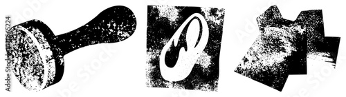 Grunge textured coffee tamper, stylized coffee bean symbol, abstract cup shapes all in vector art with distressed effects. Perfect for café branding or retro coffee design.