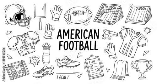 Collection of American Football Equipment and Elements in a Doodle Style