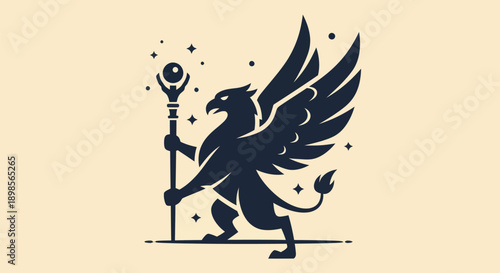 Stylized gryphon illustration with staff