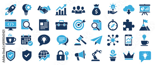 Professional Business and Startup Icon Set Featuring Two-Tone Blue Flat Symbols for Success Innovation and Growth