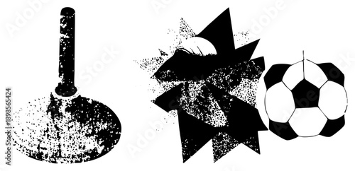 Retro plunger with halftone texture, explosive starburst graphic, traditional soccer ball, vector art, isolated sports and cleaning.