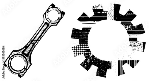 Mechanical connecting rod and gear rendered in gritty halftone, industrial vector art, mechanical components, engine, mechanical design, technical illustration.