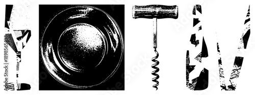 Halftone graphic of wine glass, plate, corkscrew, and TV, stylized with dot,, retro design, isolated objects.