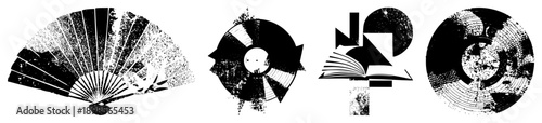 halftone folding fan, vinyl record, open book, abstract disc. Retro graphic design elements with distressed texture. Ideal for print, web, or branding.
