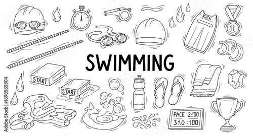 Collection of hand-drawn swimming equipment and elements for sports and competition