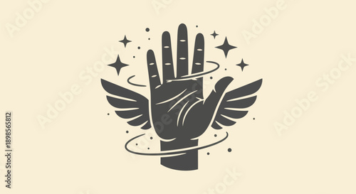 Stylized hand with wings and celestial elements