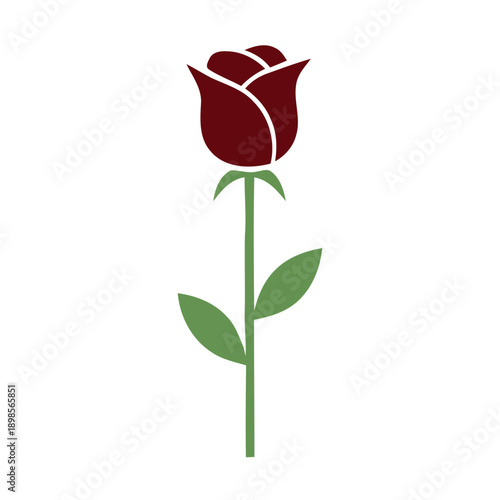 A flat vector illustration of a dark red or maroon rosebud on a stem, conveying elegance, passion, and sophisticated floral design.