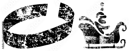 Festive holiday sleigh with Santa figure, distressed ribbon loop, holiday set, Christmas vector art, rustic graphic design.