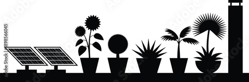 Eco friendly home energy concept silhouette with solar panels and indoor plants sustainable lifestyle illustration isolated on white background