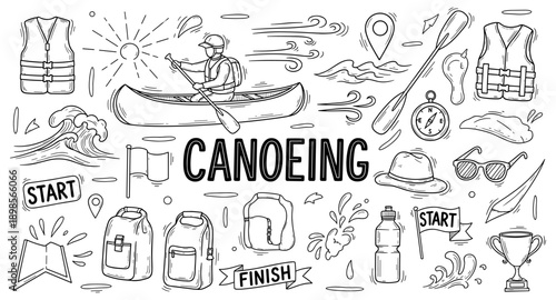 Doodle illustration of canoeing and water sports equipment with text