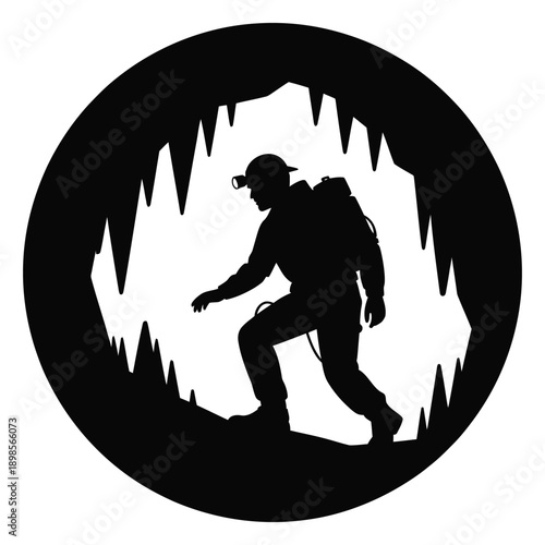 Black silhouette of caver or speleologist exploring underground cave with stalactites and stalagmites wearing helmet and headlamp round circular icon isolated vector illustration