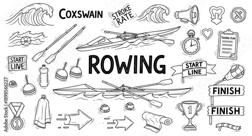 Doodle illustration of rowing sport elements and equipment on a white background