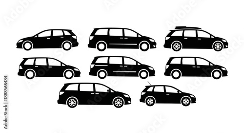 Collection of black car silhouettes on white background.