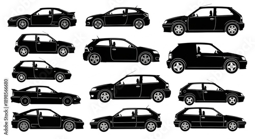 Collection of Black Car Silhouettes on White Background.