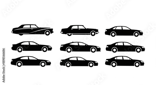 Collection of black car silhouettes on white background.