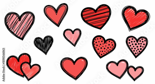 A vibrant collection of hand-drawn hearts in various shades of red and black, featuring unique scribble and pattern textures, perfect for expressing love and affection in creative design projects