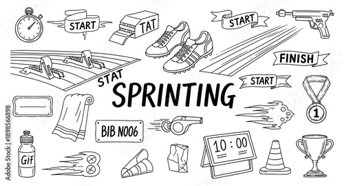 Collection of hand-drawn elements related to track and field sprinting events and competition