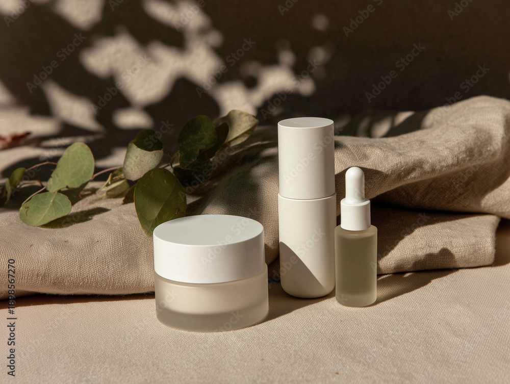 Naklejka premium Mock up of skincare packaging cream jar, serum bottle, and toner placed aesthetically on a soft beige surface with shadows 