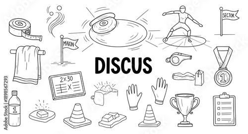 Discus throw sport elements and equipment doodle collection