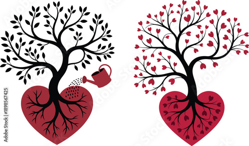 Love growth concept illustration with heart shaped tree roots watering and blooming transformation symbol isolated on white background