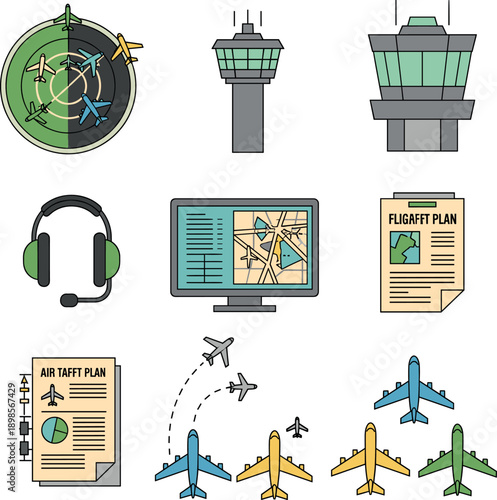 Aviation icon set with air traffic control tower radar screen navigation monitor and airplane silhouettes for flight travel